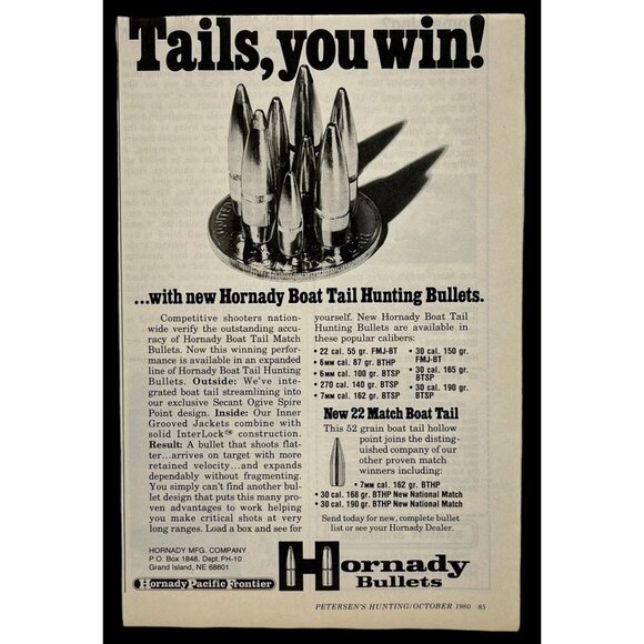 Hornady Boat Tail Print Ad Vintage 1980 Hunting Bullets Tails You Win - Picture 1 of 6